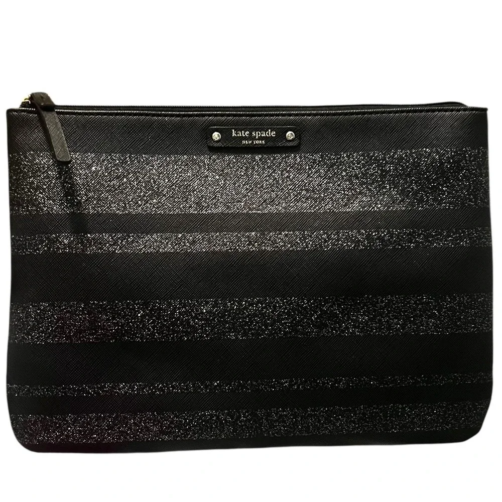 Kate Spade New York Black Glitter Stripe Clutch Pouch Bag Evening Party
